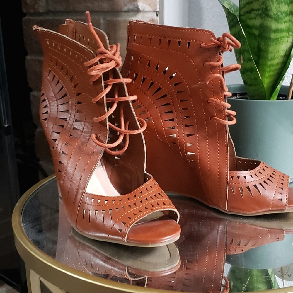 (2 for $10) Brown Cutout Wedges Peep Toe (7/8)